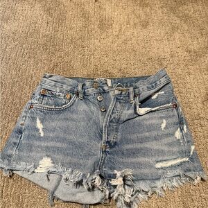 Agolde Blue Distressed Jean Shorts with Raw Hem